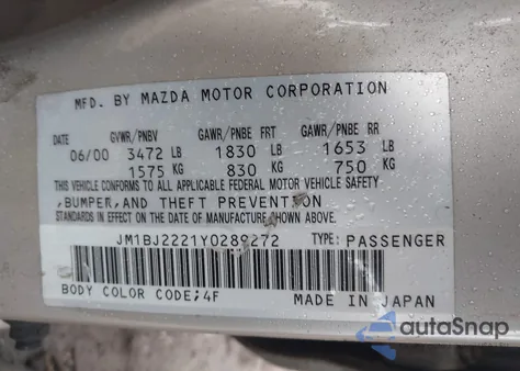 2000 Mazda Protege Dx/Lx из США, поврежденный, VIN JM1BJ2221Y0289272